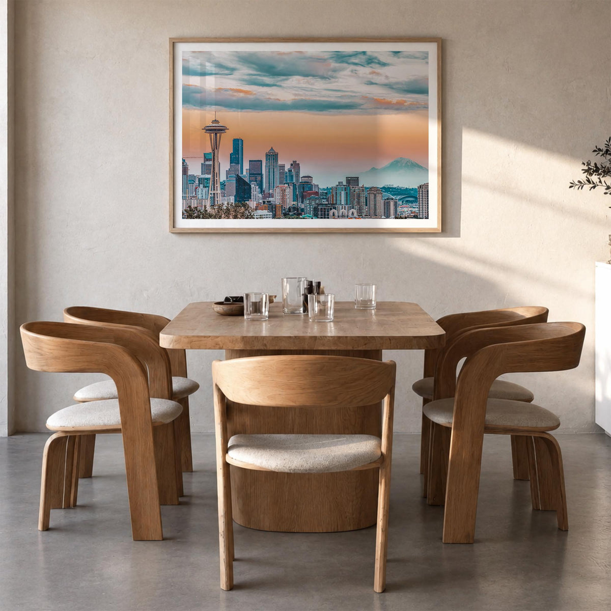 Seattle colorful photo poster of Washington, USA – horizontal wall art in natural wood frame with white border, hanging on wa