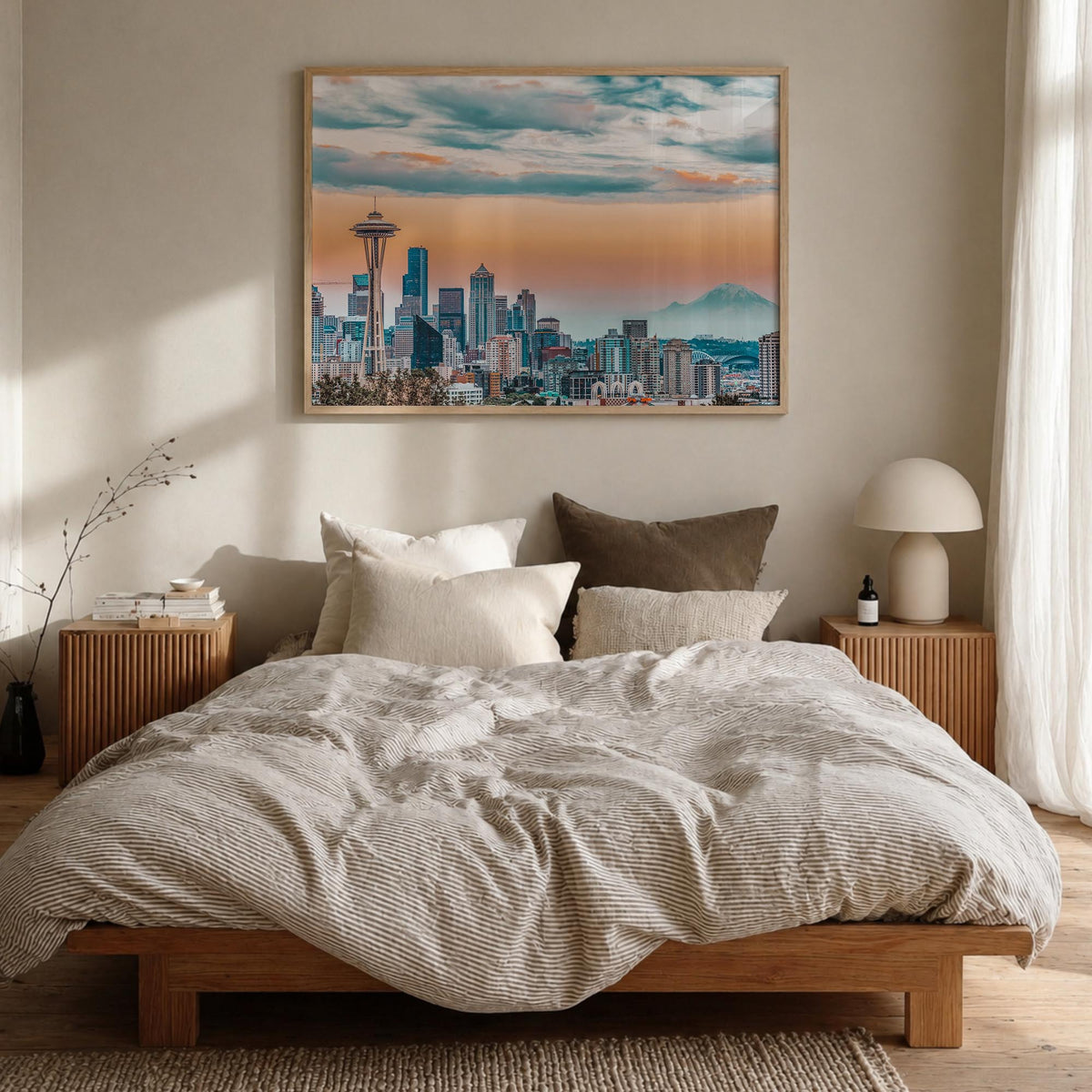 Seattle colorful photo poster of Washington, USA – horizontal wall art in natural wood frame, hanging on wall