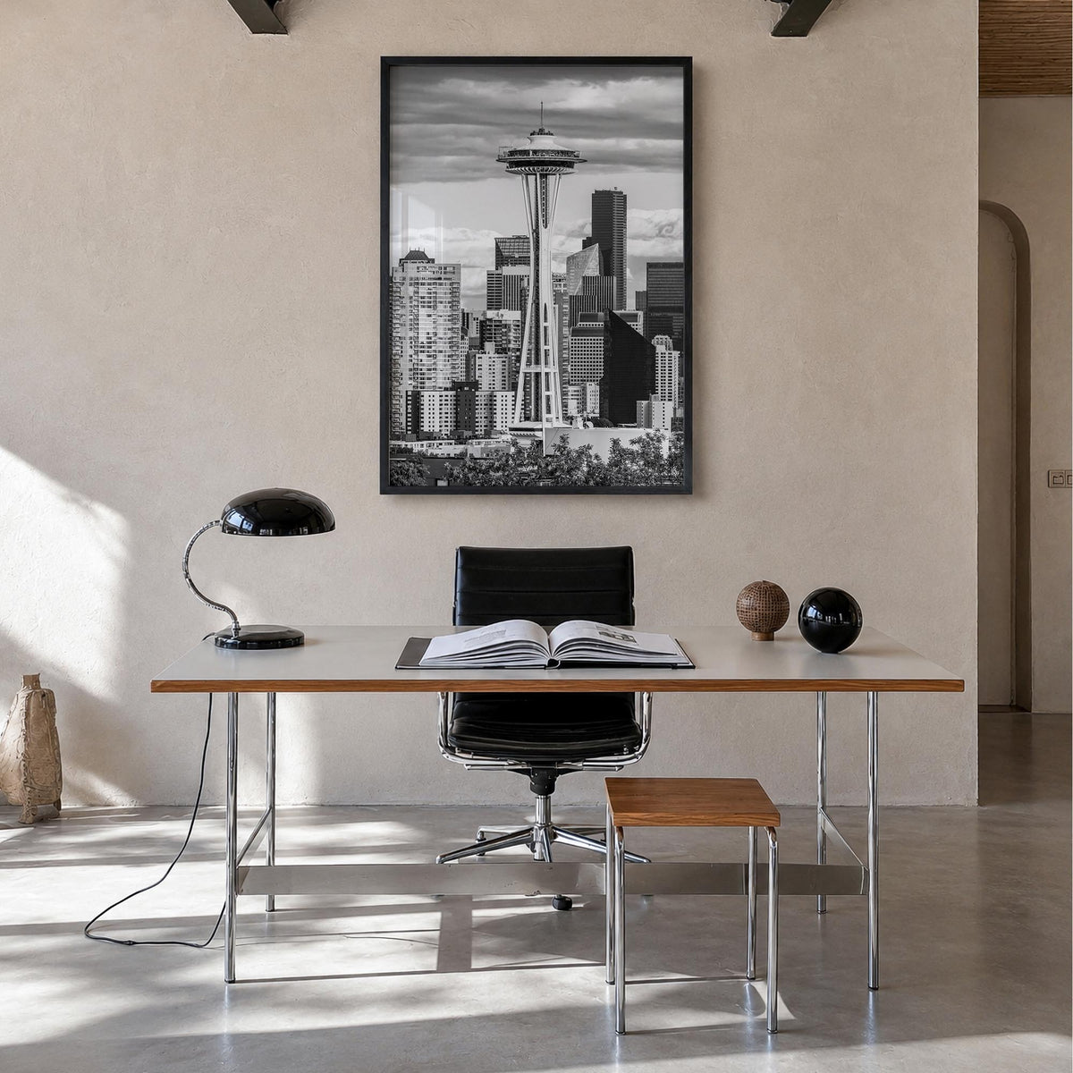 Seattle no. 1 black & white photo poster of Washington, USA – vertical wall art in black wood frame, hanging on wall