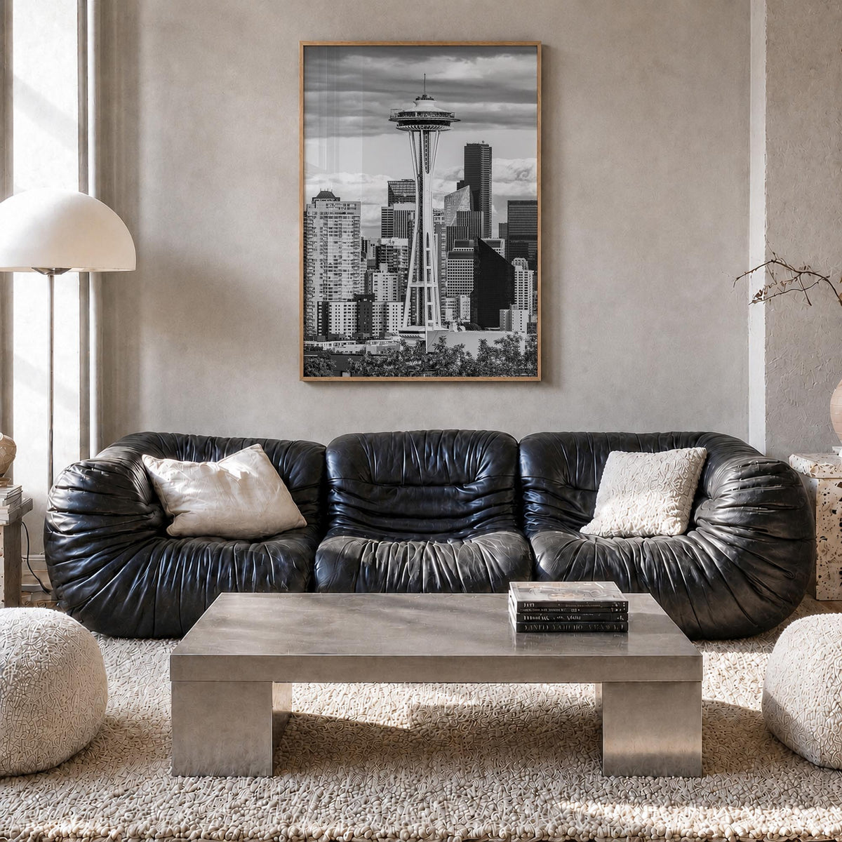 Seattle no. 1 black & white photo poster of Washington, USA – vertical wall art in natural wood frame, hanging on wall