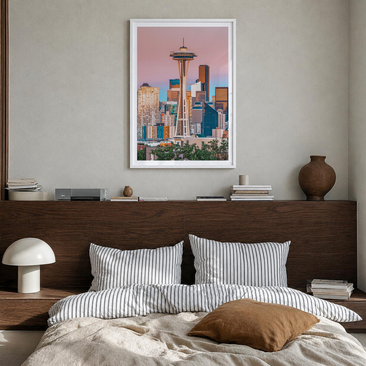 Seattle no. 1 colorful photo poster of Washington, USA – vertical wall art in white wood frame with white border, hanging on