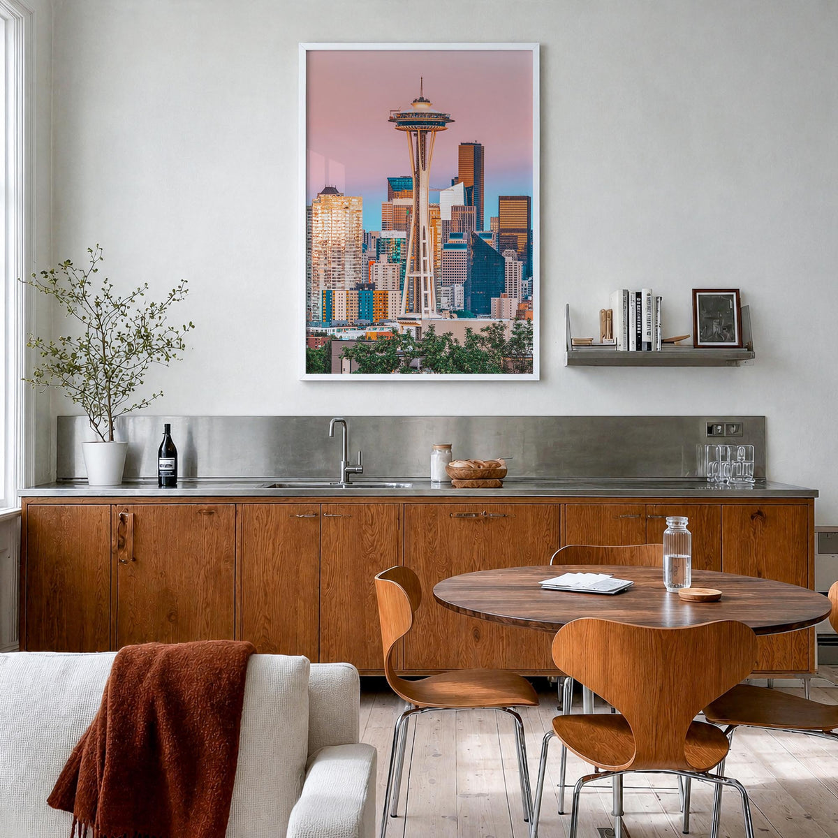 Seattle no. 1 colorful photo poster of Washington, USA – vertical wall art in white wood frame, hanging on wall
