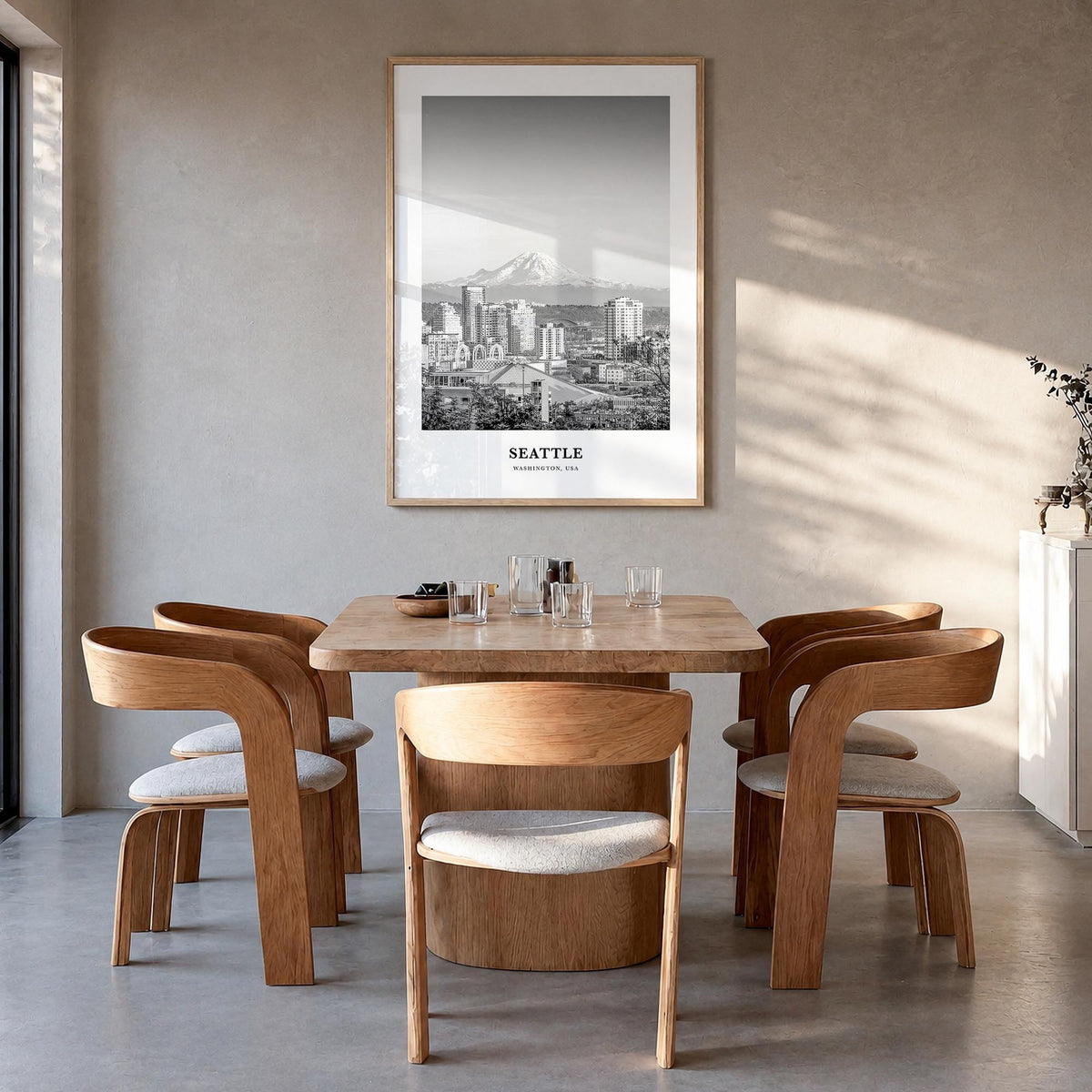 Seattle no. 2 black & white classic poster of Washington, USA – vertical wall art in natural wood frame, hanging on wall
