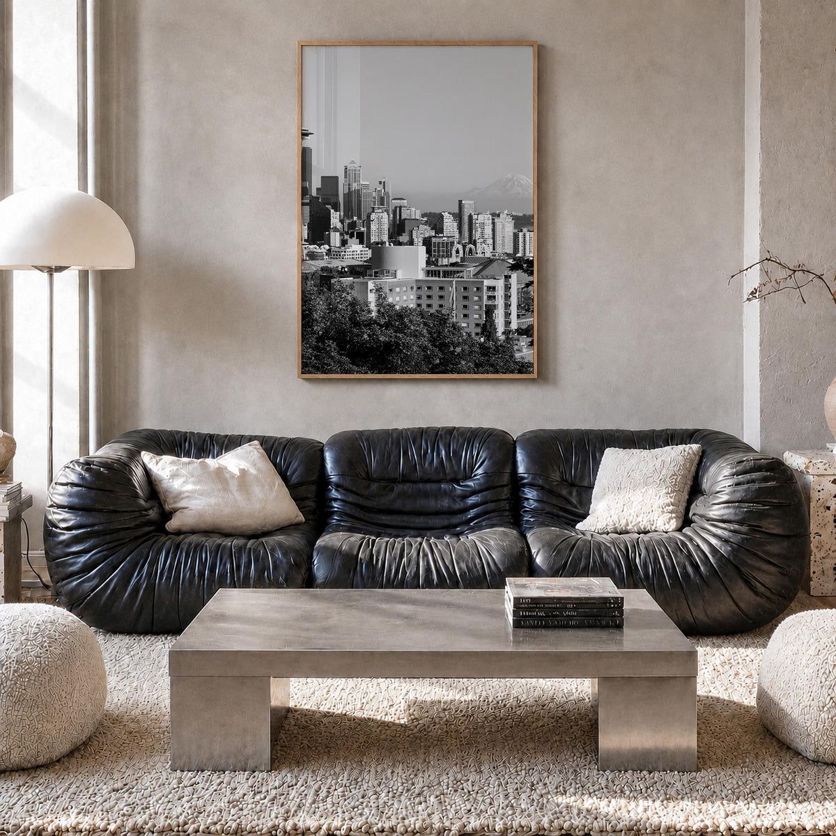 Seattle no. 2 black & white photo poster of Washington, USA – vertical wall art in natural wood frame, hanging on wall