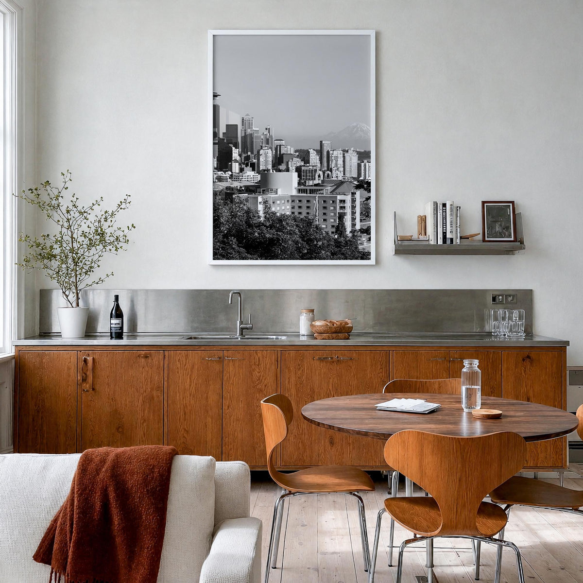 Seattle no. 2 black & white photo poster of Washington, USA – vertical wall art in white wood frame, hanging on wall