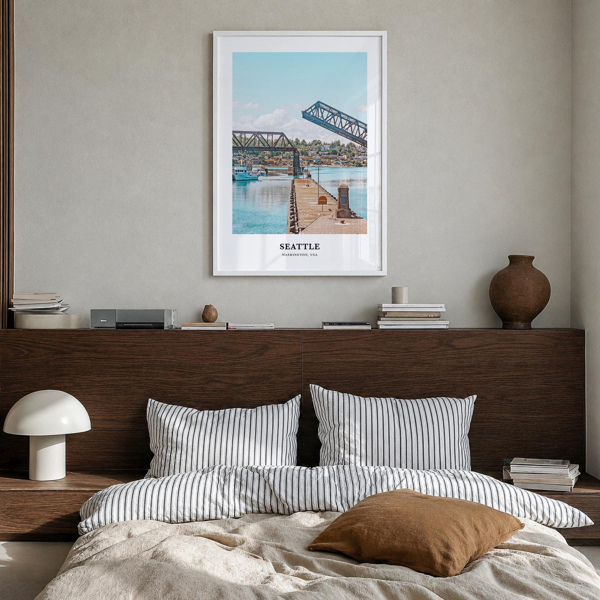 Seattle no. 2 colorful classic poster of Washington, USA – vertical wall art in white wood frame, hanging on wall