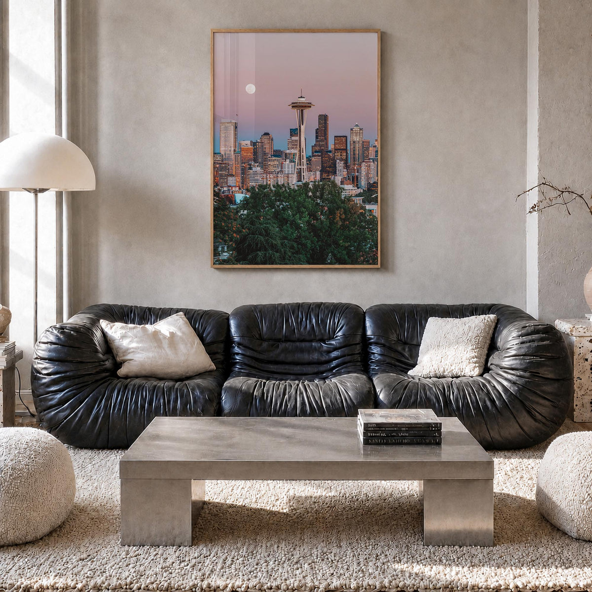 Seattle no. 2 colorful photo poster of Washington, USA – vertical wall art in natural wood frame, hanging on wall