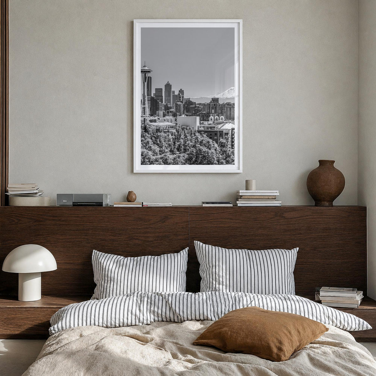 Seattle no. 3 black & white photo poster of Washington, USA – vertical wall art in white wood frame with white border, hangin