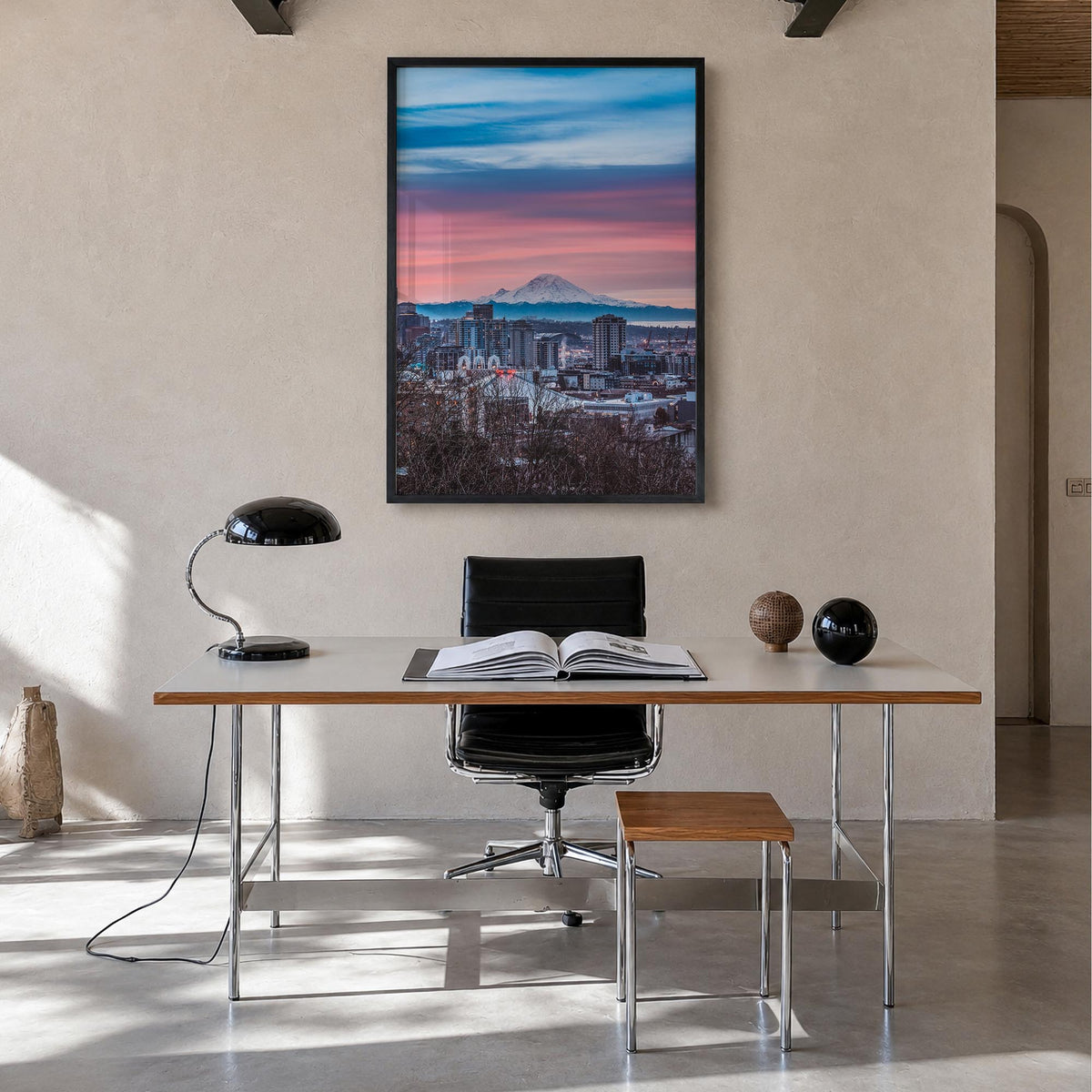 Seattle no. 3 colorful photo poster of Washington, USA – vertical wall art in black wood frame, hanging on wall