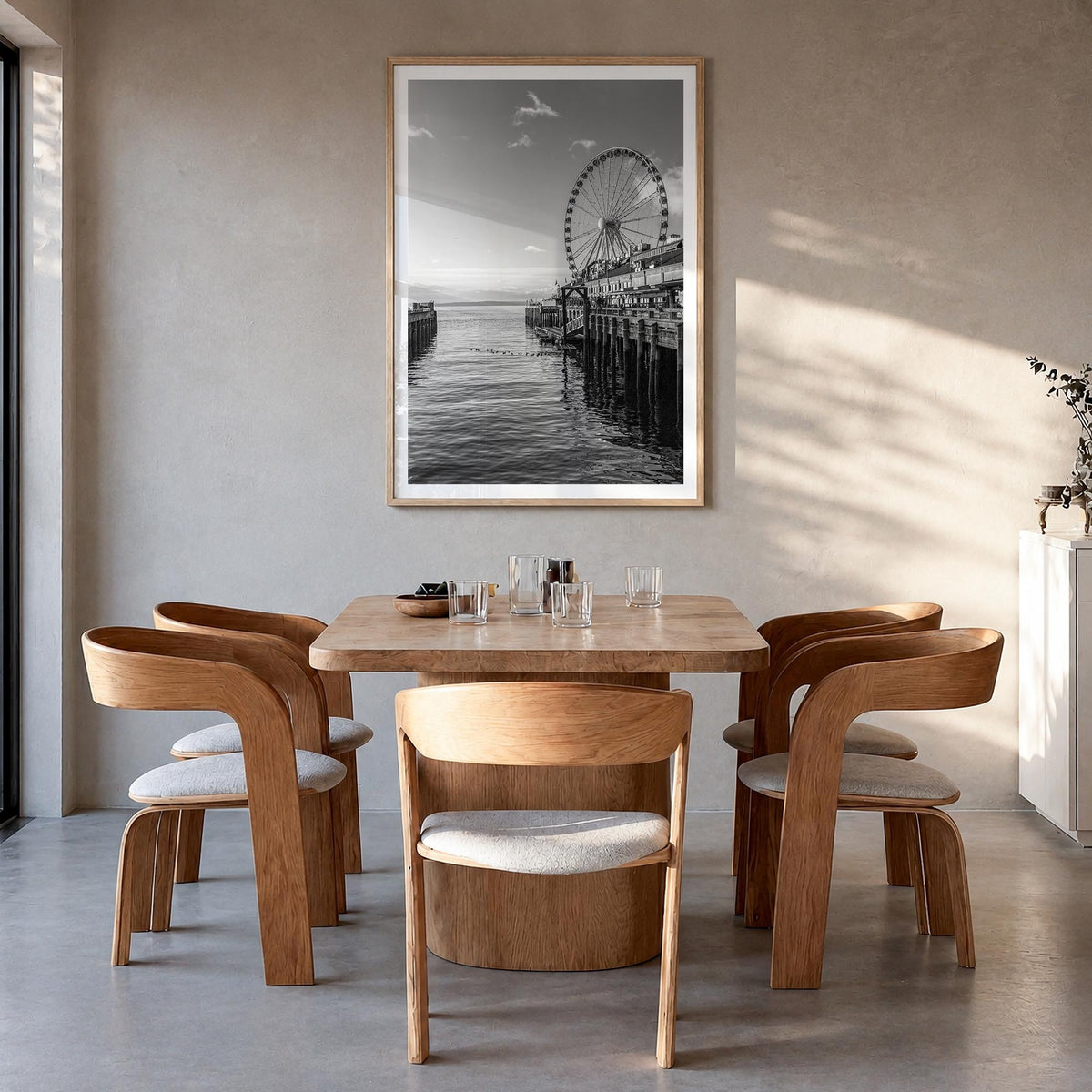 Seattle no. 4 black & white photo poster of Washington, USA – vertical wall art in natural wood frame with white border, hang