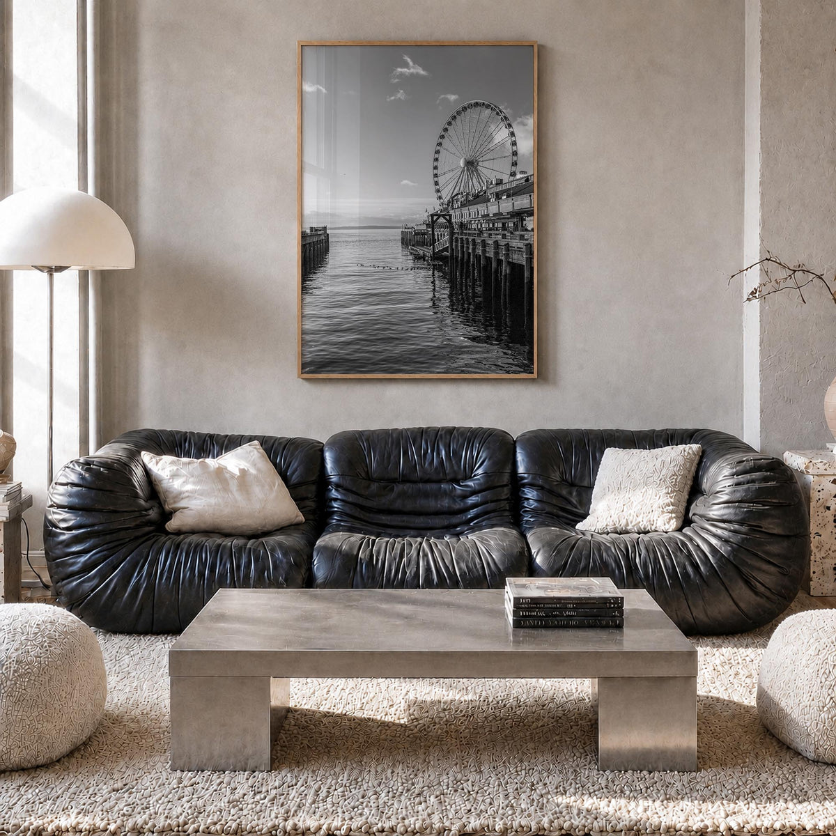 Seattle no. 4 black & white photo poster of Washington, USA – vertical wall art in natural wood frame, hanging on wall