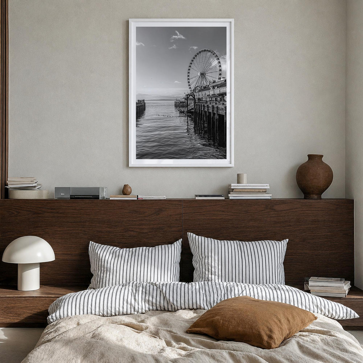 Seattle no. 4 black & white photo poster of Washington, USA – vertical wall art in white wood frame with white border, hangin