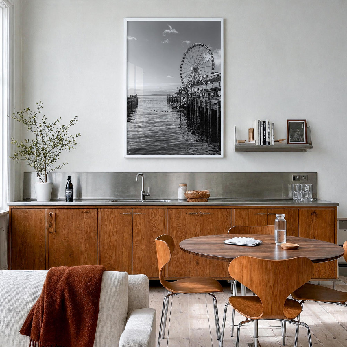 Seattle no. 4 black & white photo poster of Washington, USA – vertical wall art in white wood frame, hanging on wall