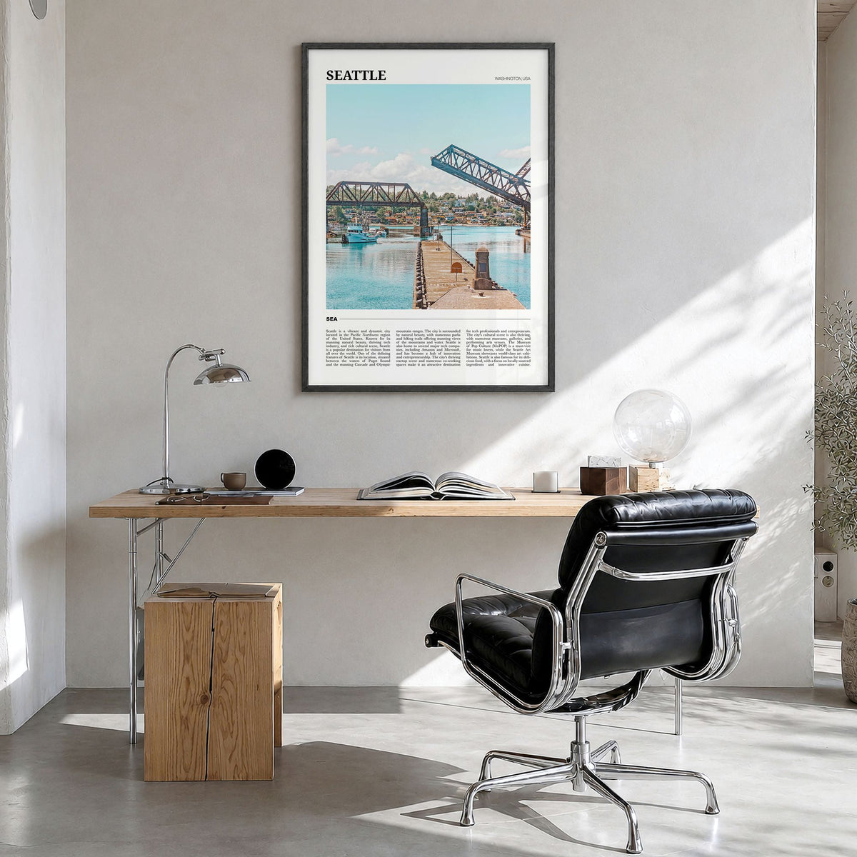 Seattle Travel No 2 Poster in a black wood frame, hanging in a bright home office