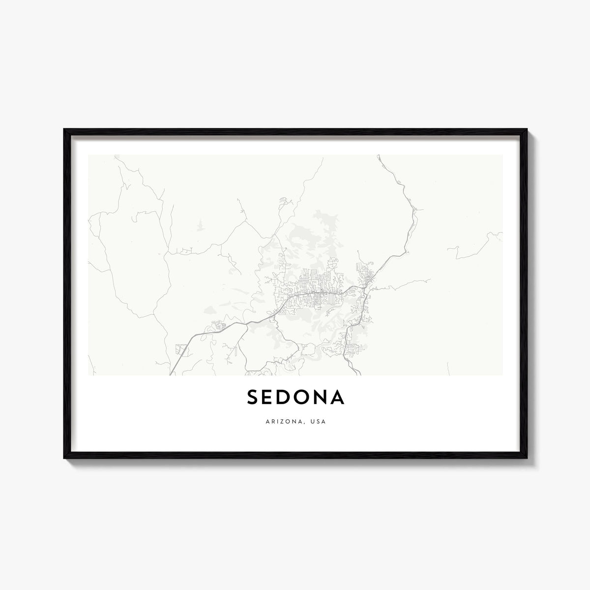 Sedona black & white map poster of Arizona, USA – horizontal wall art, unframed print shown in interior mockup