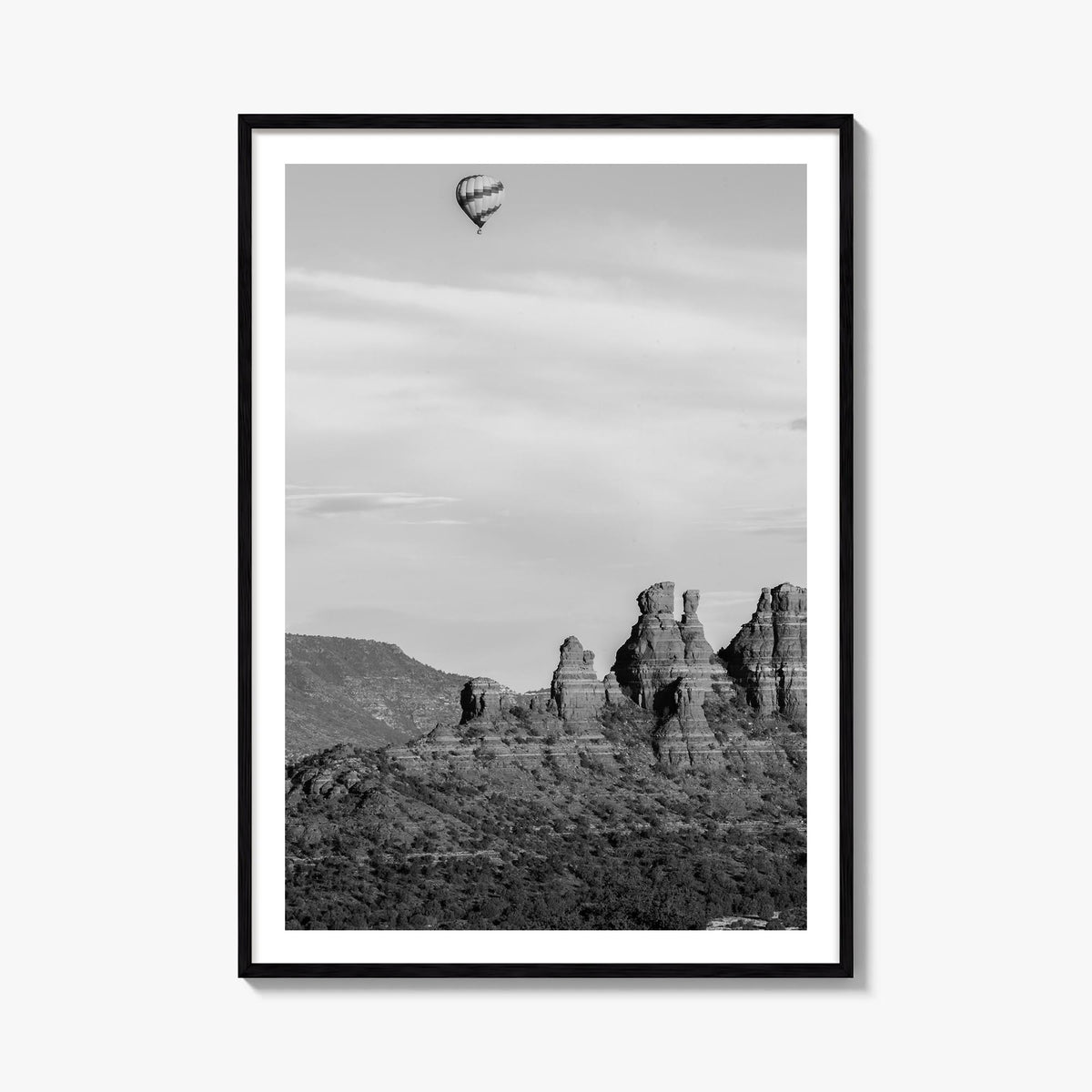 Sedona black & white photo poster of Arizona, USA – vertical wall art, unframed print shown in interior mockup