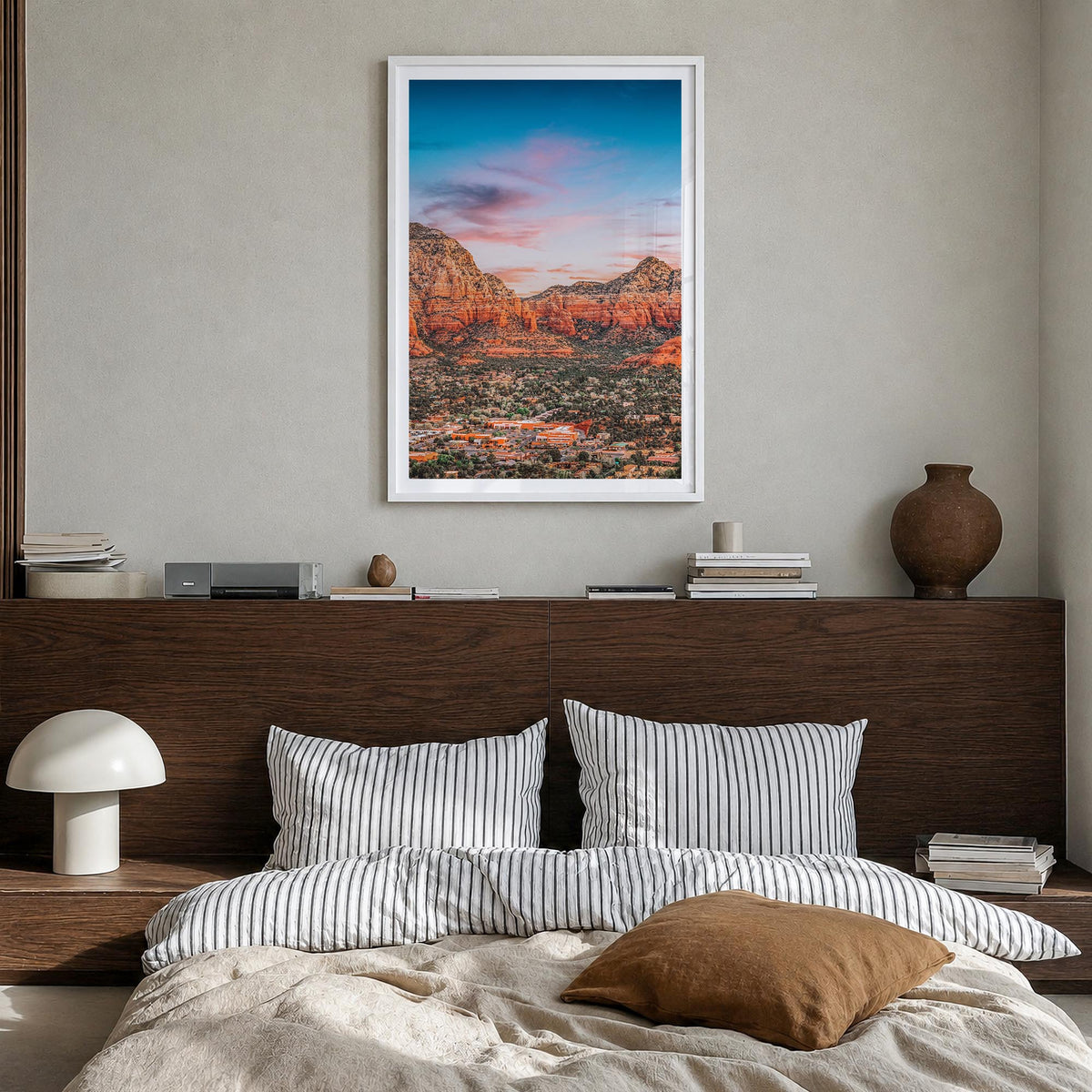 Sedona colorful photo poster of Arizona, USA – vertical wall art in white wood frame with white border, hanging on wall