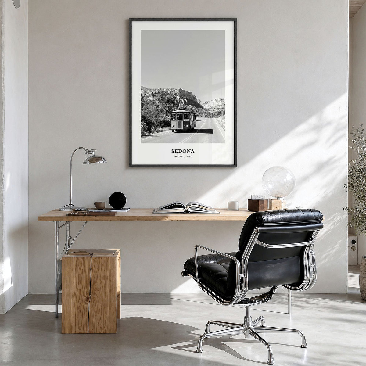 Sedona Classic Poster in a black wood frame, hanging in a bright home office