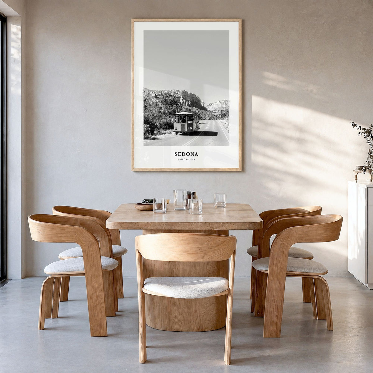 Sedona Classic Poster in a natural wood frame, hanging in a dining room