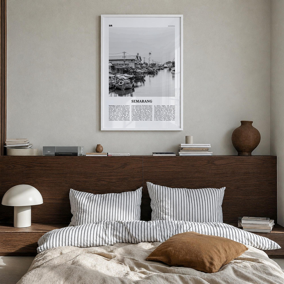 Semarang black & white newspaper poster of Indonesia – vertical wall art in white wood frame, hanging on wall