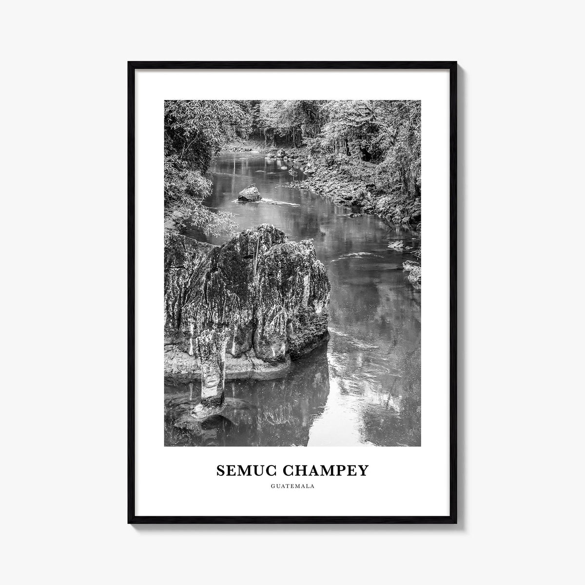 Semuc Champey black & white classic poster of Guatemala – vertical wall art, unframed print shown in interior mockup