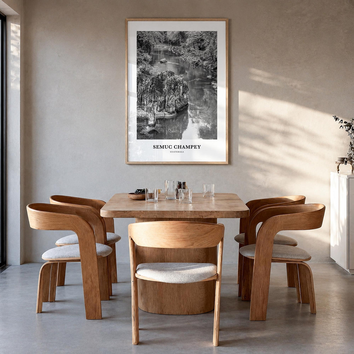 Semuc Champey black & white classic poster of Guatemala – vertical wall art in natural wood frame, hanging on wall