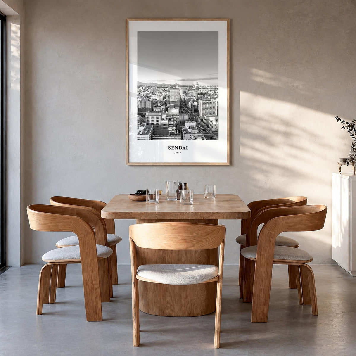 Sendai black & white classic poster of Japan – vertical wall art in natural wood frame, hanging on wall