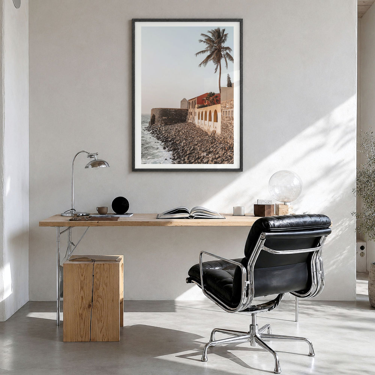 Senegal Photo Poster in a black wood frame, hanging in a bright home office, white border