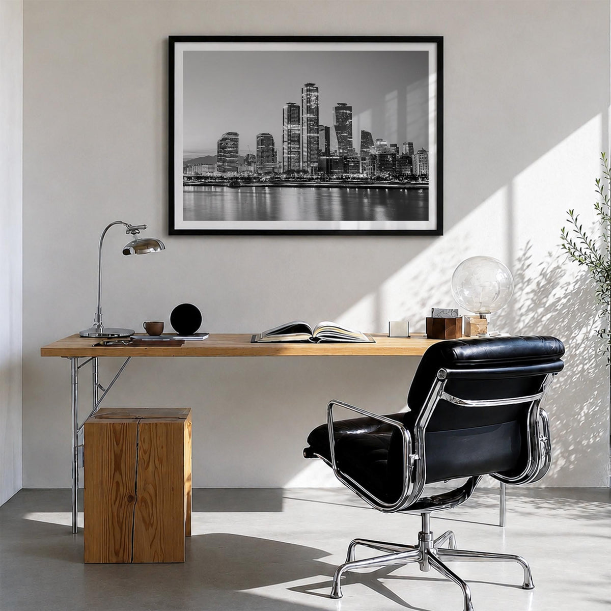 Seoul black & white photo poster of South Korea – horizontal wall art in black wood frame with white border, hanging on wall