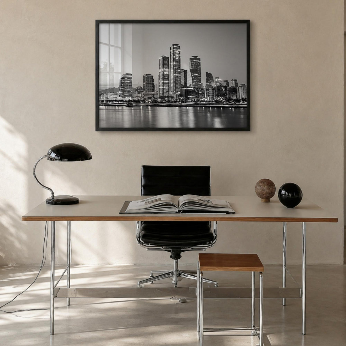 Seoul black & white photo poster of South Korea – horizontal wall art in black wood frame, hanging on wall