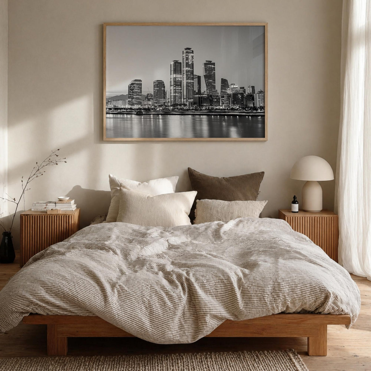 Seoul black & white photo poster of South Korea – horizontal wall art in natural wood frame, hanging on wall