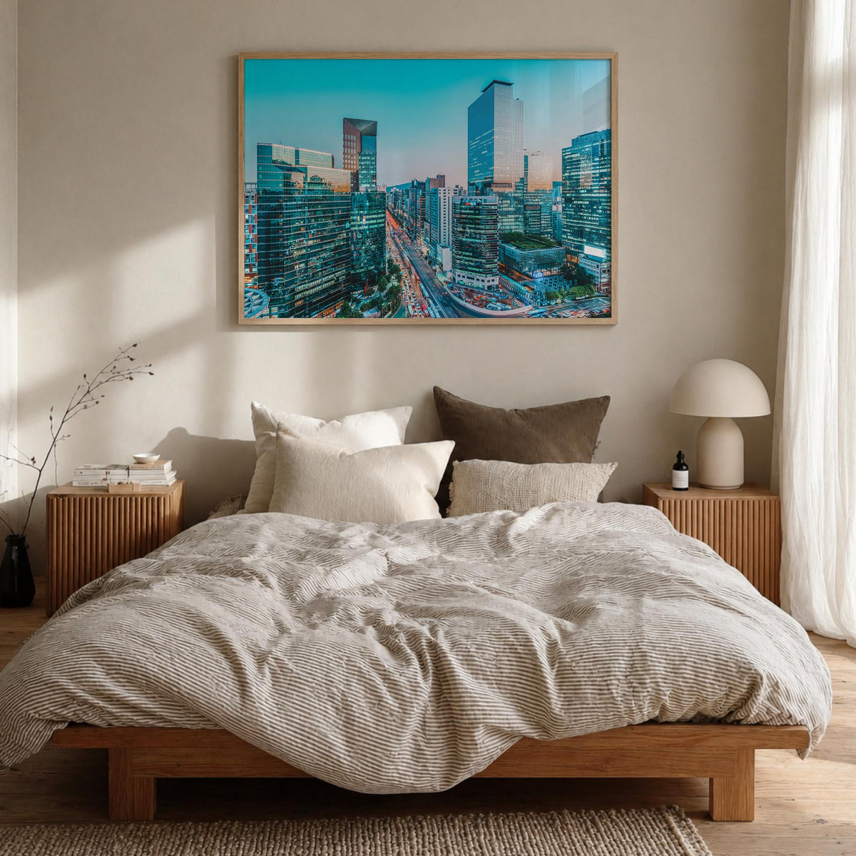 Seoul colorful photo poster of South Korea – horizontal wall art in natural wood frame, hanging on wall