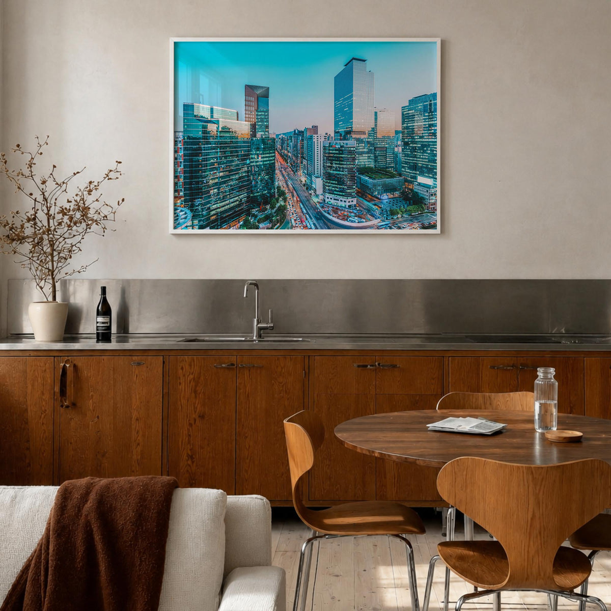 Seoul colorful photo poster of South Korea – horizontal wall art in white wood frame, hanging on wall