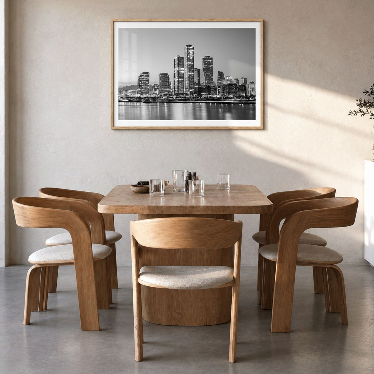 Seoul Photo Poster in a natural wood frame, hanging in a dining room, white border