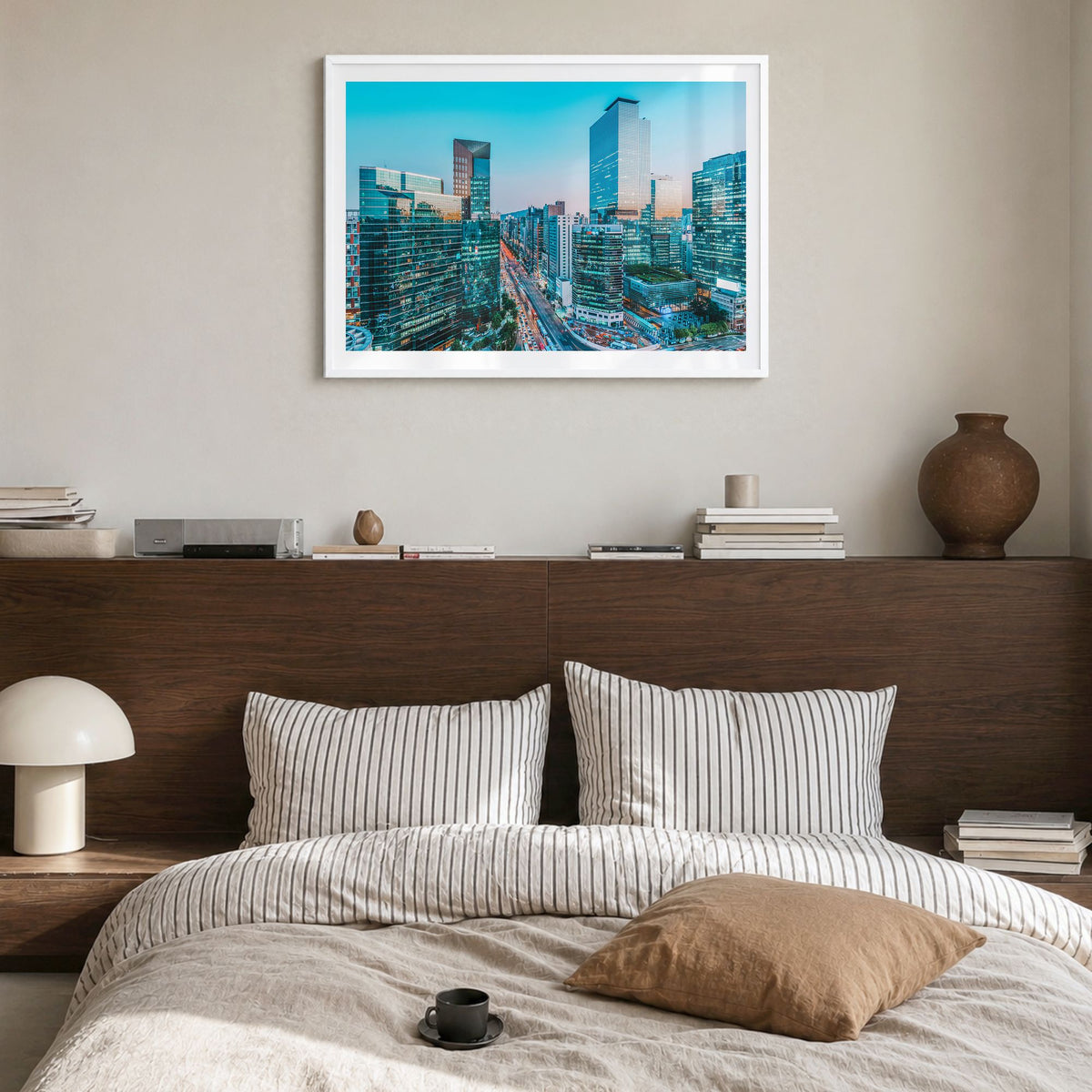 Seoul Photo Poster in a white wood frame, hanging in a bedroom, white border