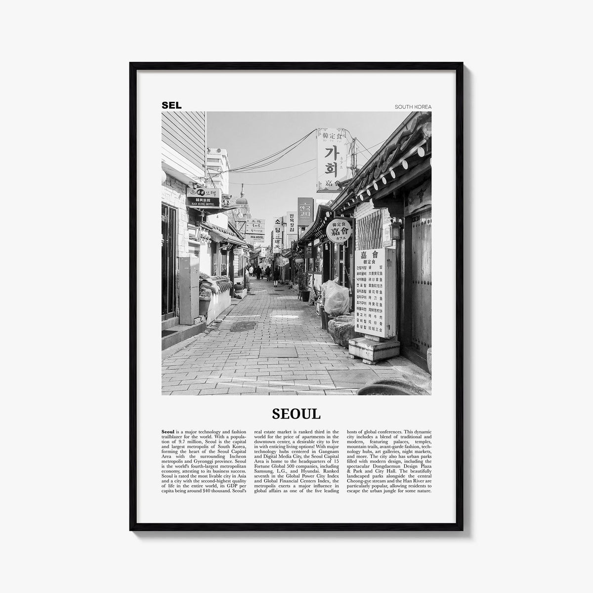 Seoul no. 1 black & white newspaper poster of South Korea – vertical wall art, unframed print shown in interior mockup