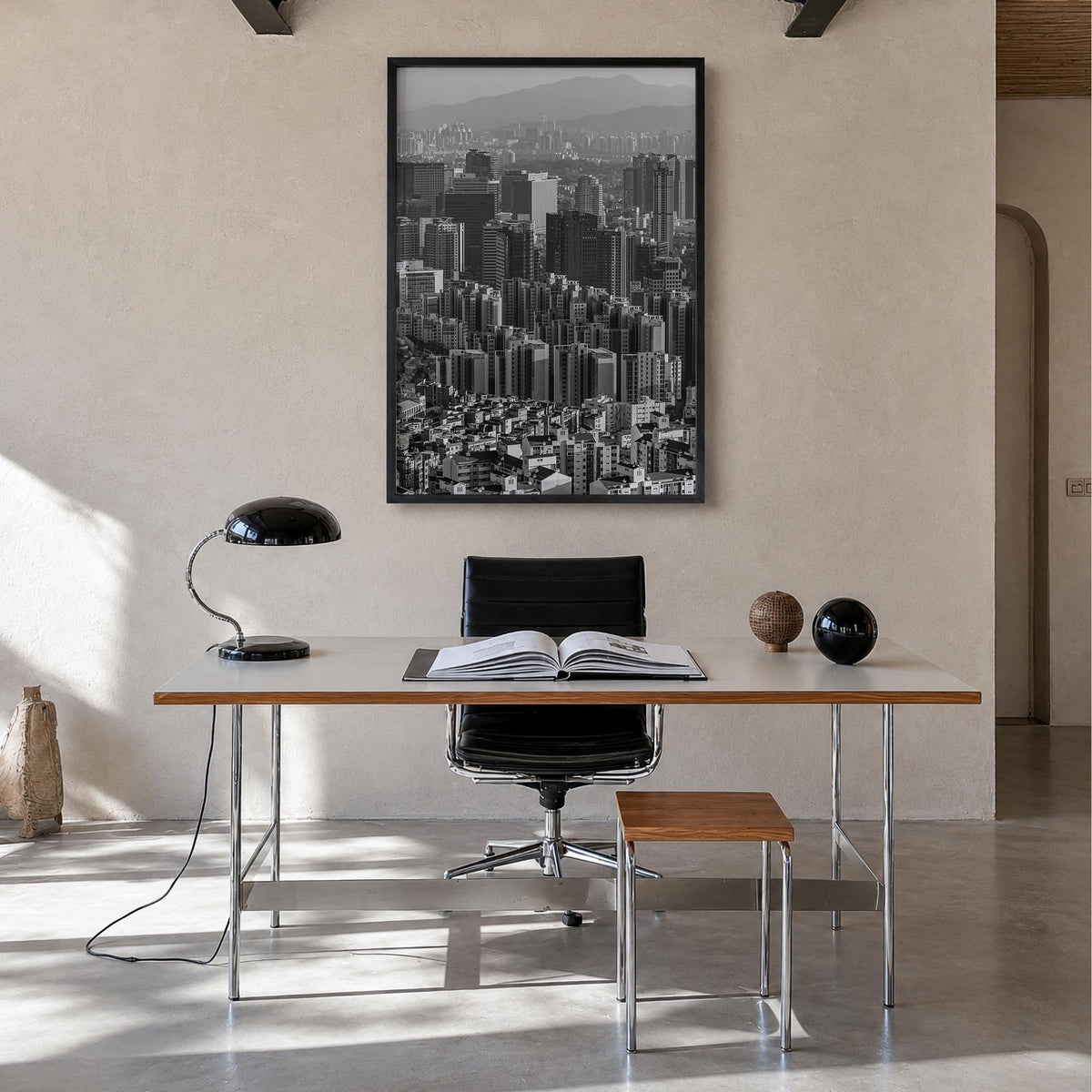 Seoul no. 1 black & white photo poster of South Korea – vertical wall art in black wood frame, hanging on wall