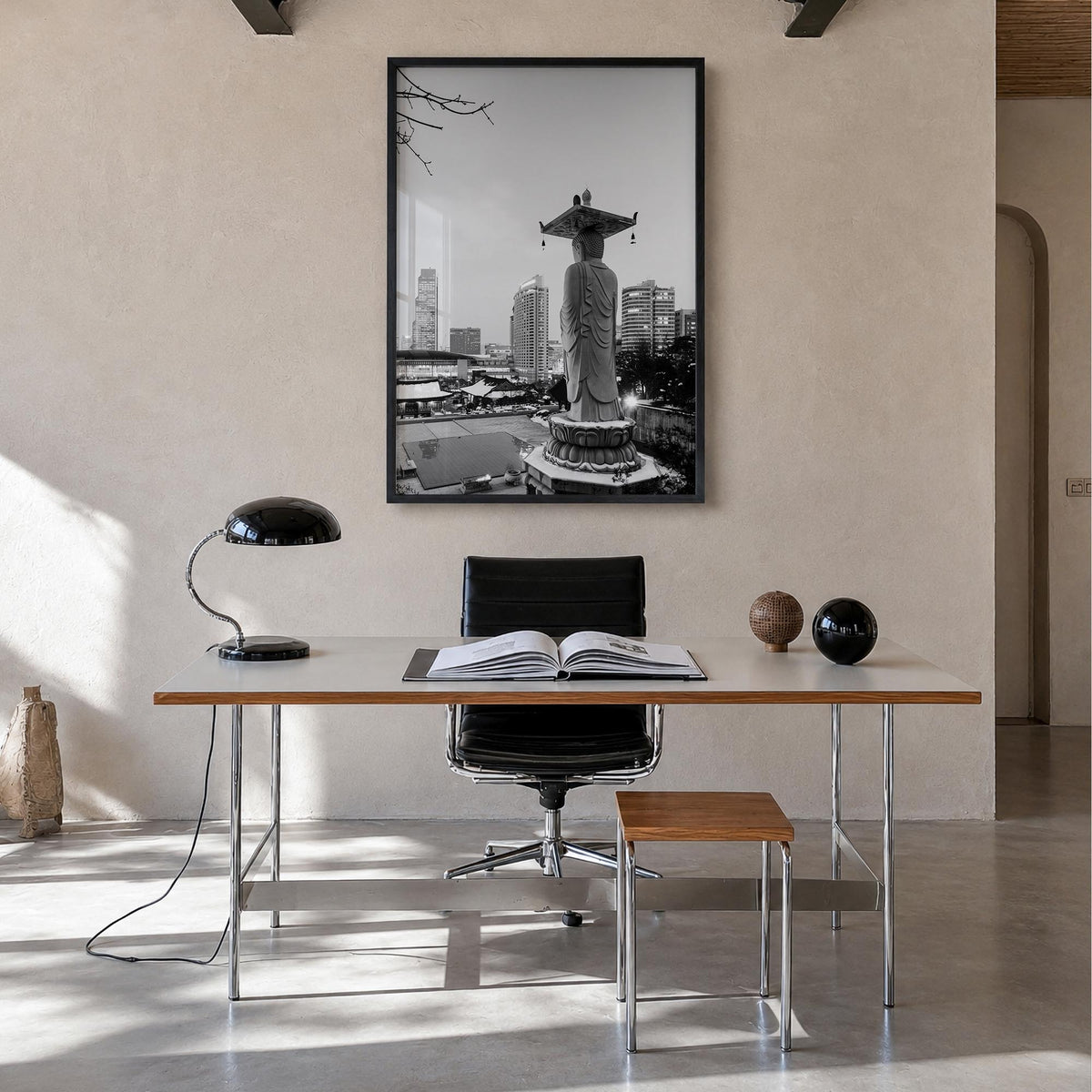 Seoul no. 2 black & white photo poster of South Korea – vertical wall art in black wood frame, hanging on wall