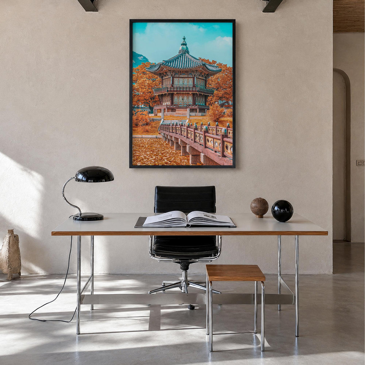Seoul no. 2 colorful photo poster of South Korea – vertical wall art in black wood frame, hanging on wall