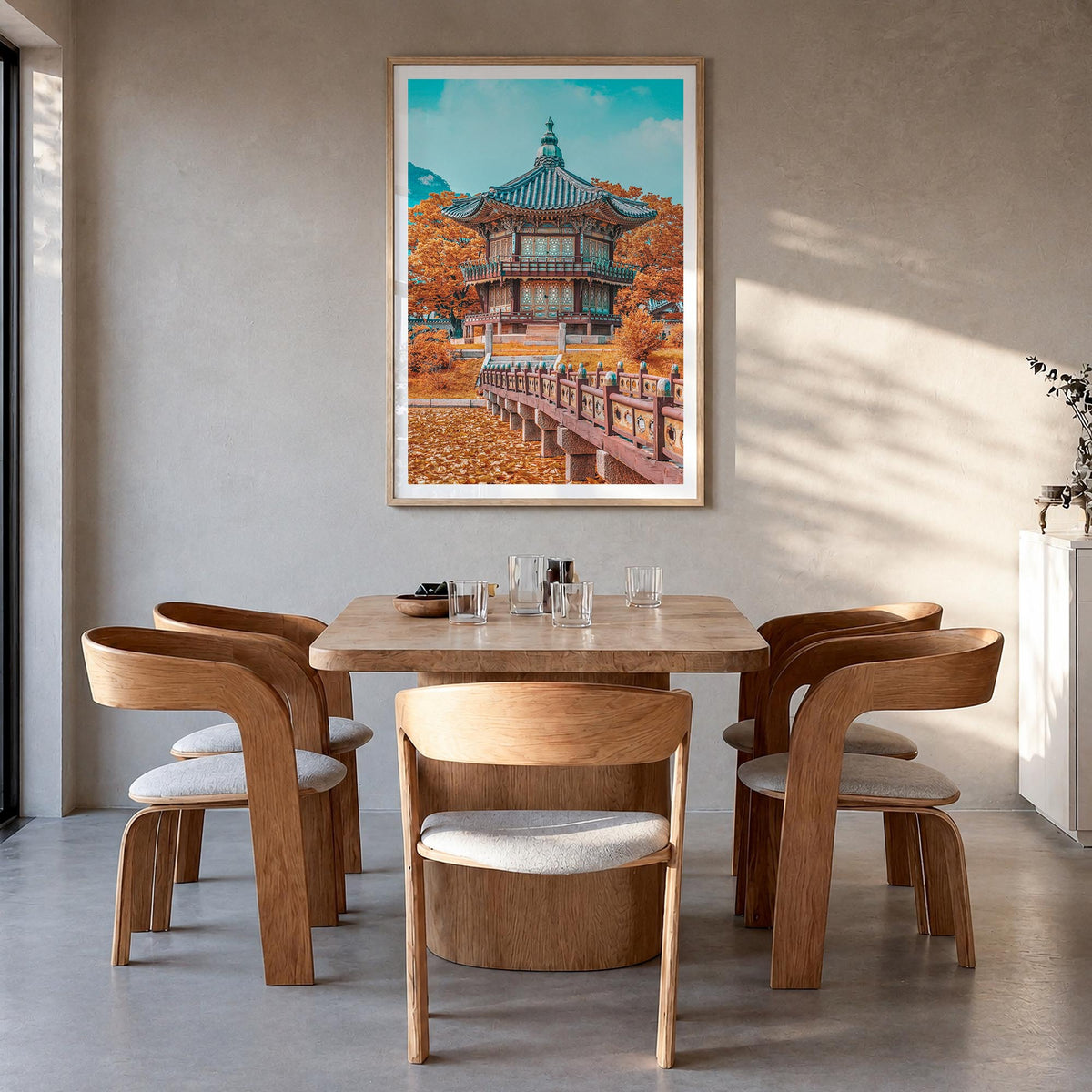 Seoul no. 2 colorful photo poster of South Korea – vertical wall art in natural wood frame with white border, hanging on wall