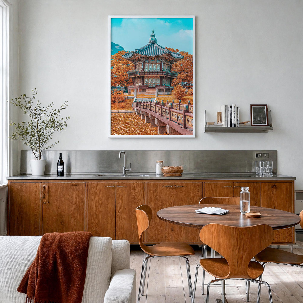 Seoul no. 2 colorful photo poster of South Korea – vertical wall art in white wood frame, hanging on wall