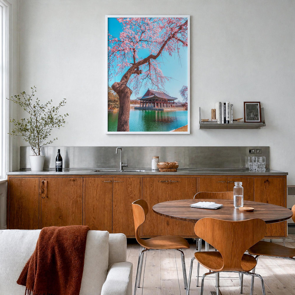 Seoul no. 3 colorful photo poster of South Korea – vertical wall art in white wood frame, hanging on wall