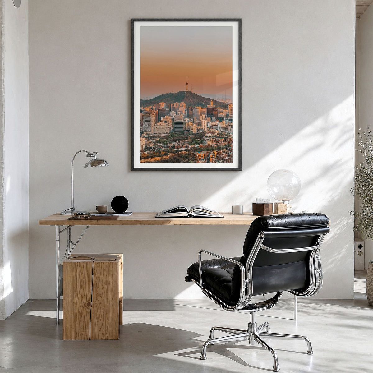 Seoul Photo No 1 Poster in a black wood frame, hanging in a bright home office, white border