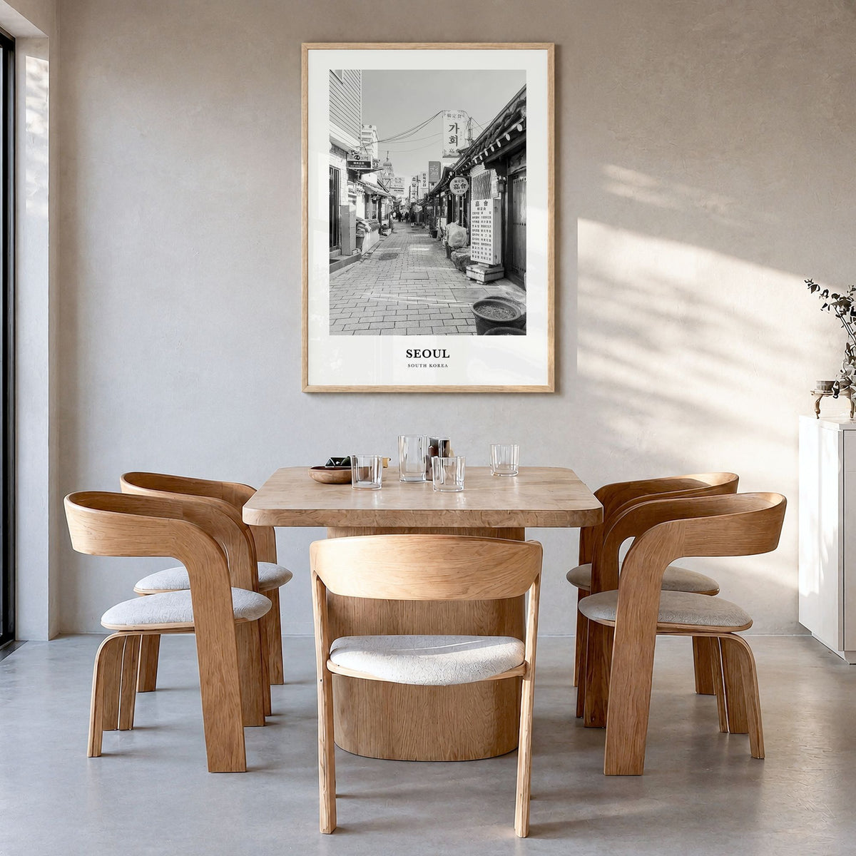 Seoul Classic No 2 Poster in a natural wood frame, hanging in a dining room