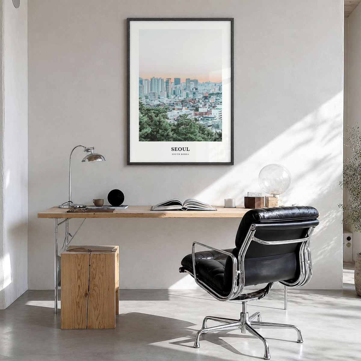 Seoul Classic Poster in a black wood frame, hanging in a bright home office