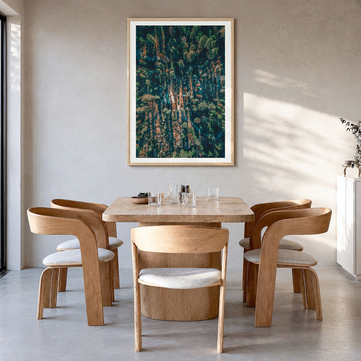 Sequoia National Park Photo Poster in a natural wood frame, hanging in a dining room, white border