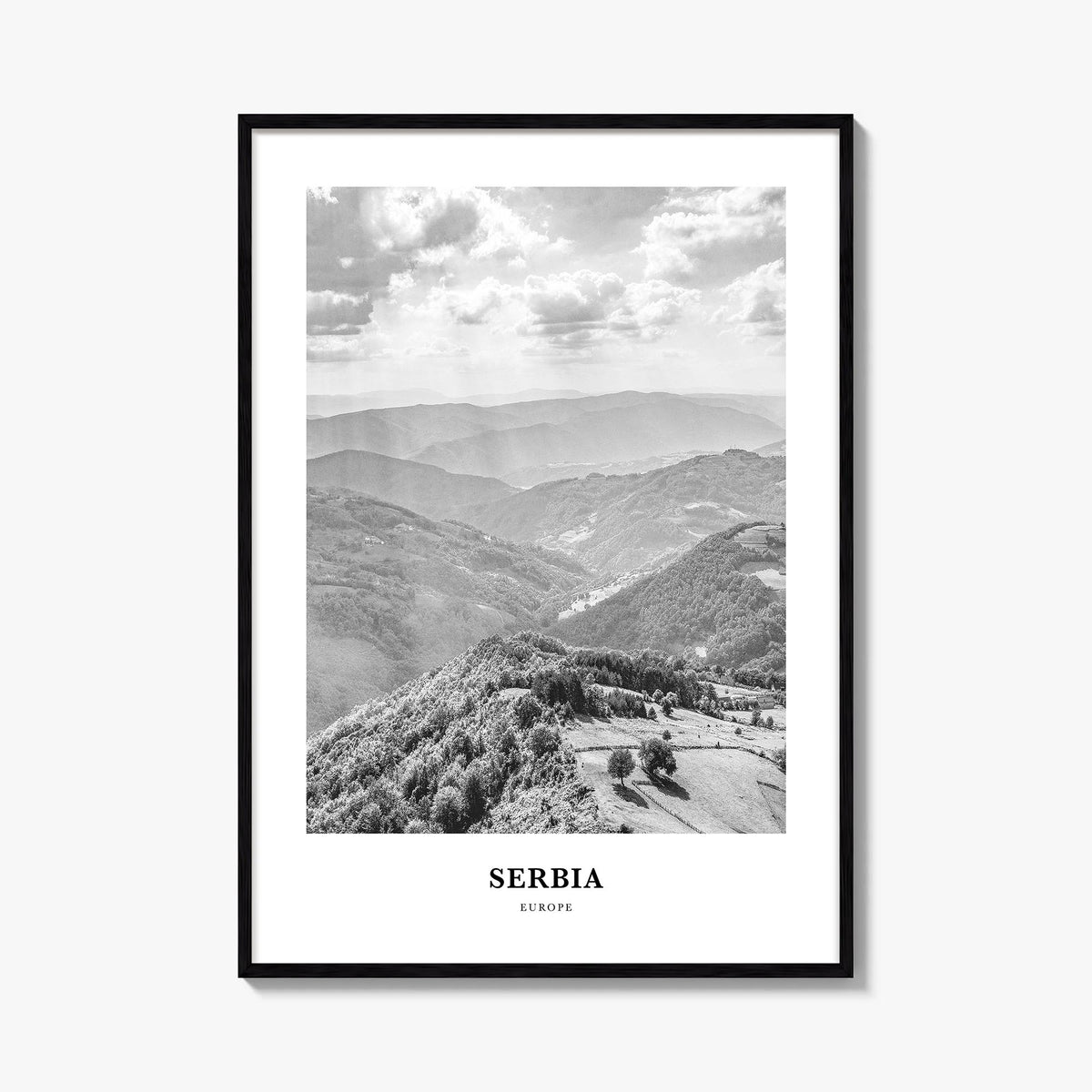 Serbia black & white classic poster of Europe – vertical wall art, unframed print shown in interior mockup