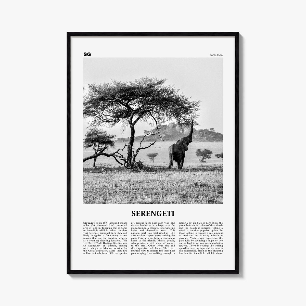 Serengeti National Park black & white newspaper poster of Tanzania – vertical wall art, unframed print shown in interior mock
