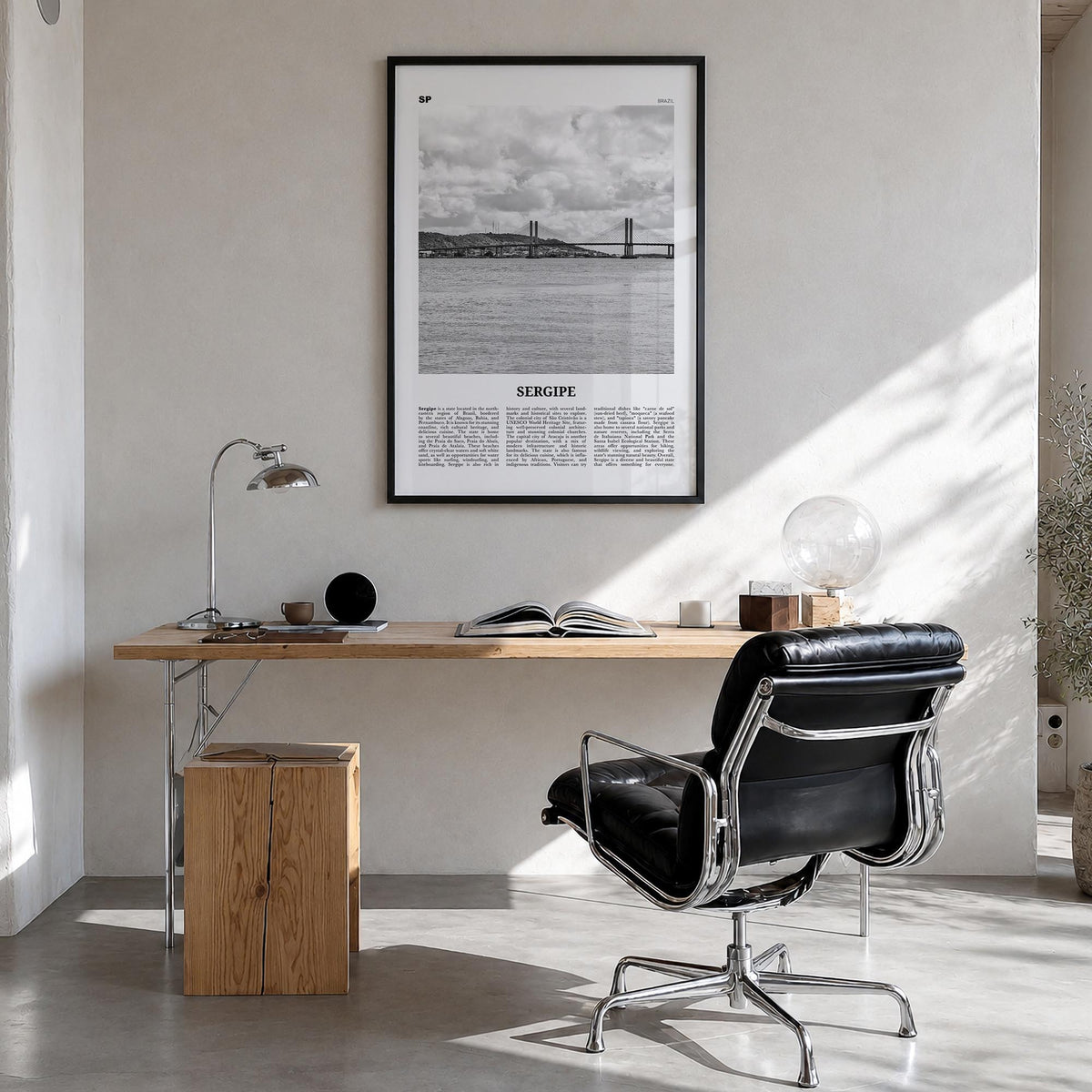 Sergipe black & white newspaper poster of Brazil – vertical wall art in black wood frame, hanging on wall