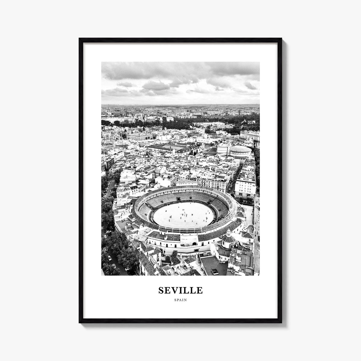Seville no. 2 black & white classic poster of Spain – vertical wall art, unframed print shown in interior mockup